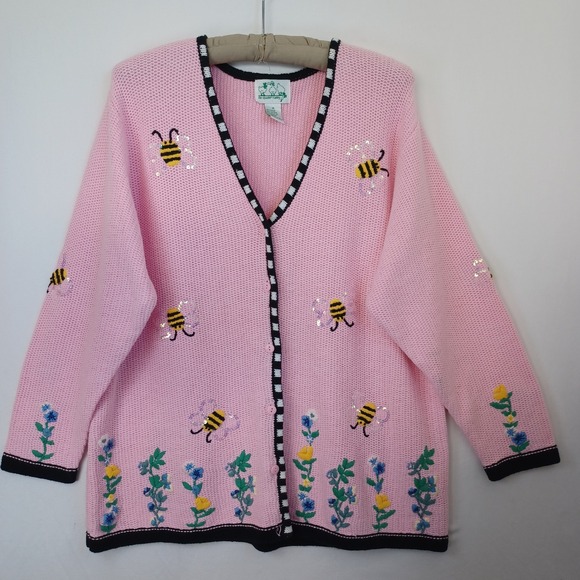 The Quacker Factory Pink Bee Floral Embroidered Cardigan Sweater 1X - Picture 2 of 8